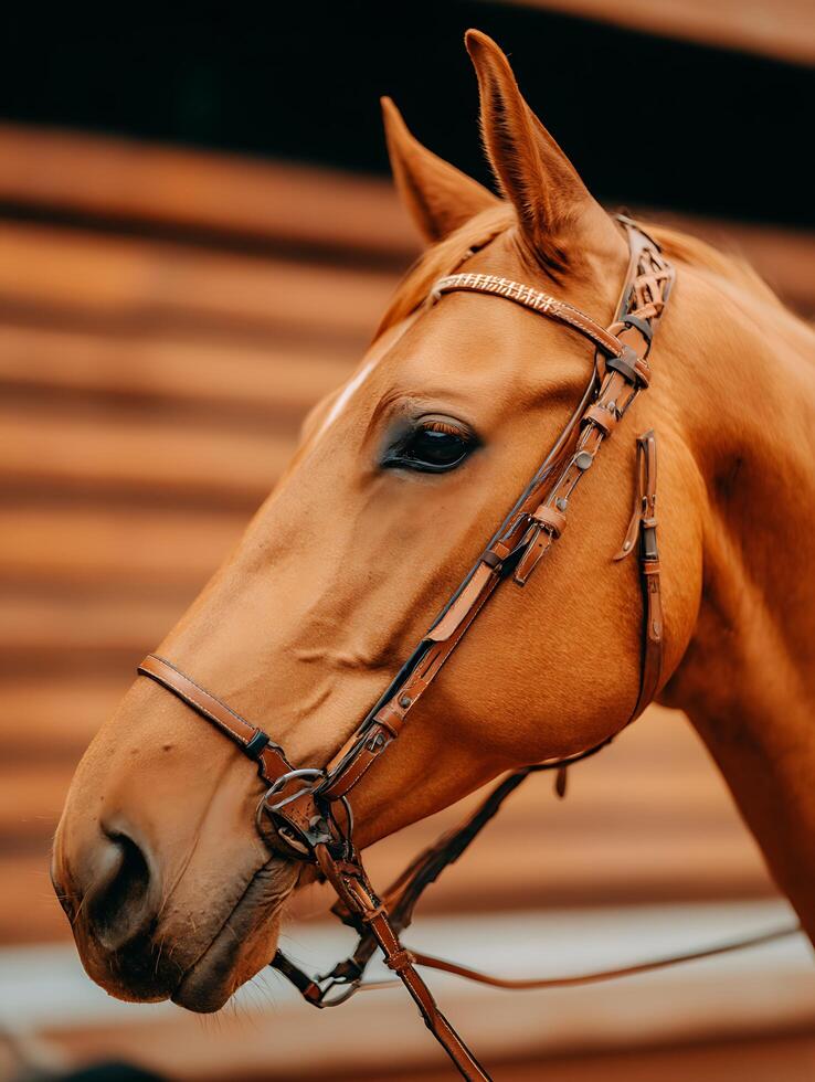 Chestnut Horse Portrait Close Up of a Brown Horse Wearing a Leather Bridle. photo