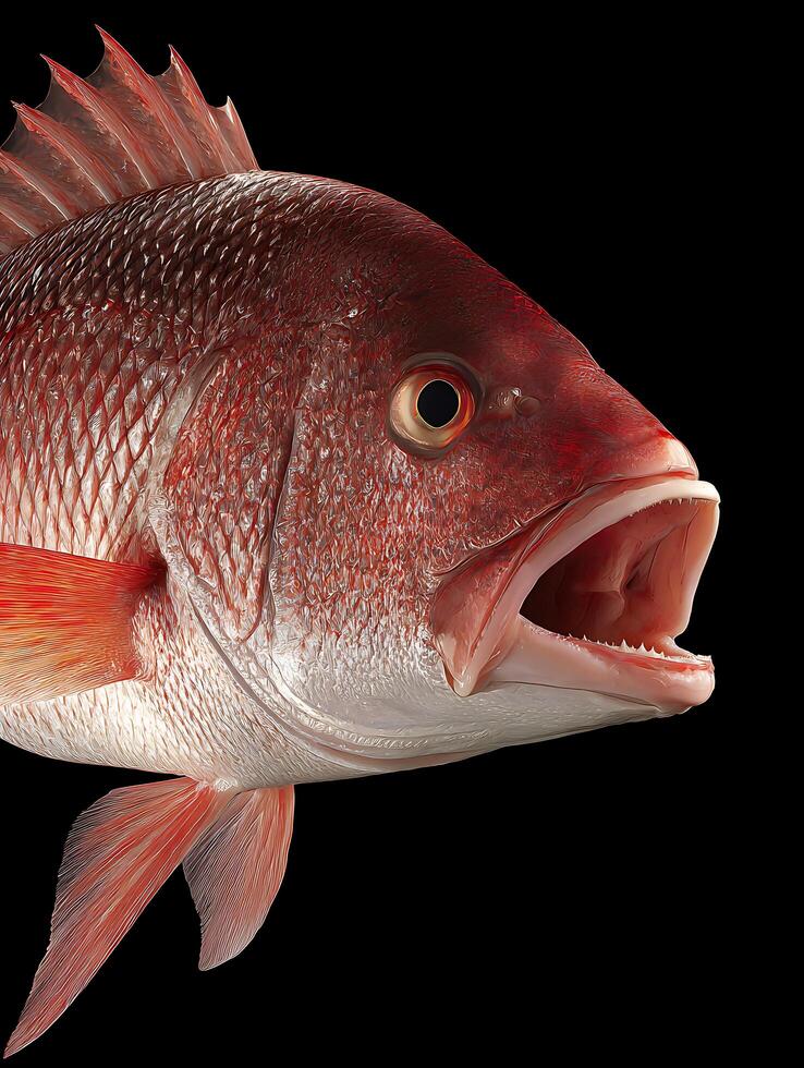 Close up of a Red Snapper Fish with Open Mouth, Isolated on Black Background. photo