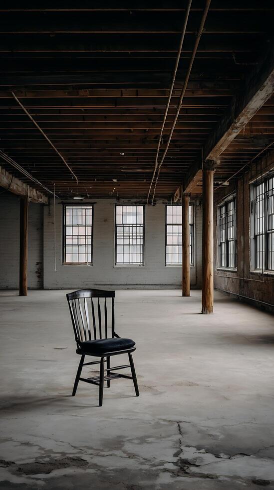 A solitary chair in a large, empty industrial space with high ceilings and large windows. photo
