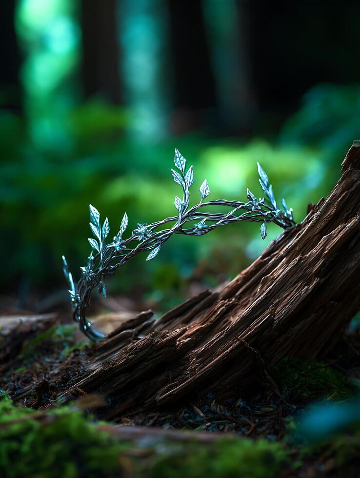 Silver Leaf Crown Resting on Forest Log. A close up image of an elegant, nature-inspired crown. photo