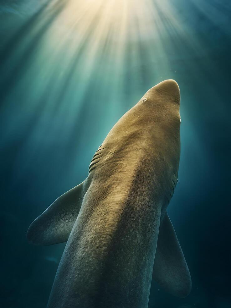 Majestic Shark from Below Sunlight Illuminates the Ocean Depths. photo