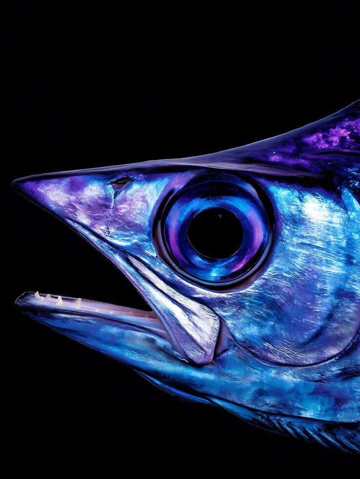 Close up of a fish head, vibrant blue and purple hues against a black background. photo