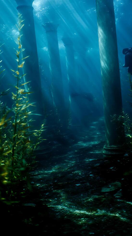 Sunbeams Illuminate Sunken Ruins, Aquatic Plants Surround Ancient Pillars. photo