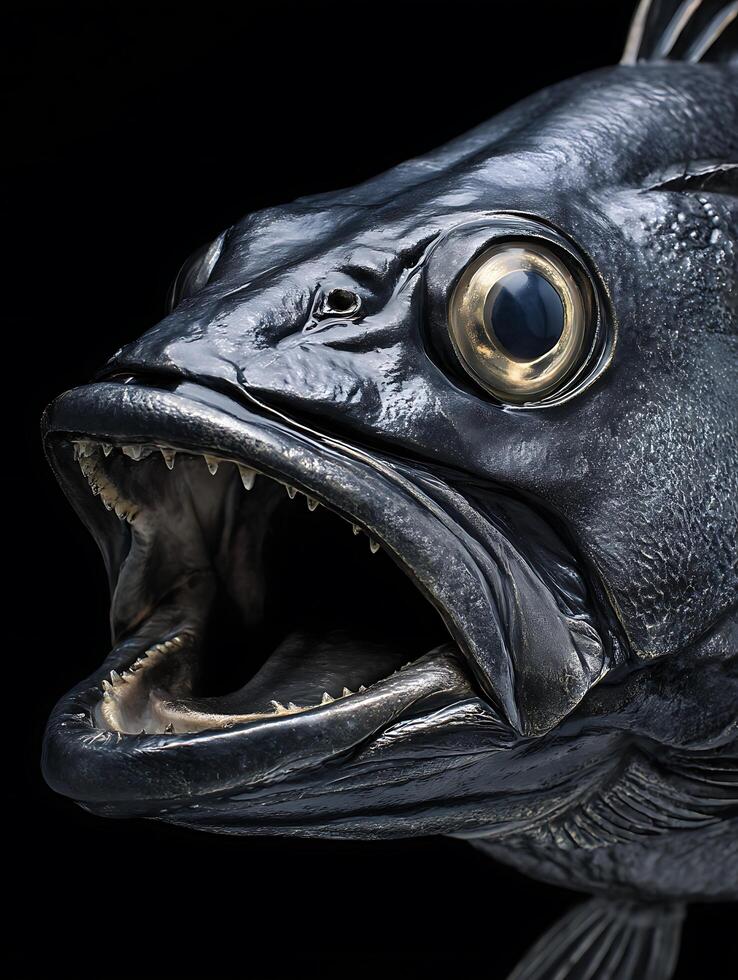 Close up of a Black Fish Head, Open Mouth, Showing Teeth and Eye Detail. photo