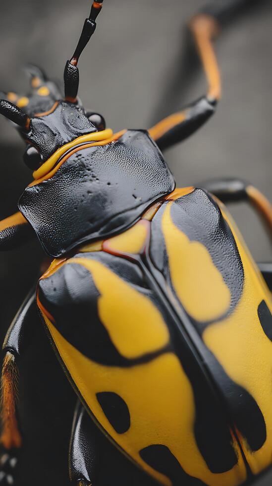 Striking Close Up of a Yellow and Black Beetle, Detailed Insect Photography. photo