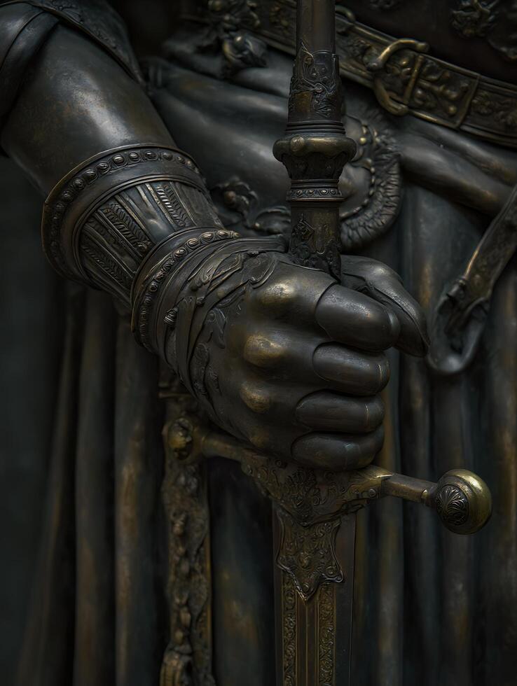Close up of a Bronze Statue Hand Grasping an Ornate Sword. photo