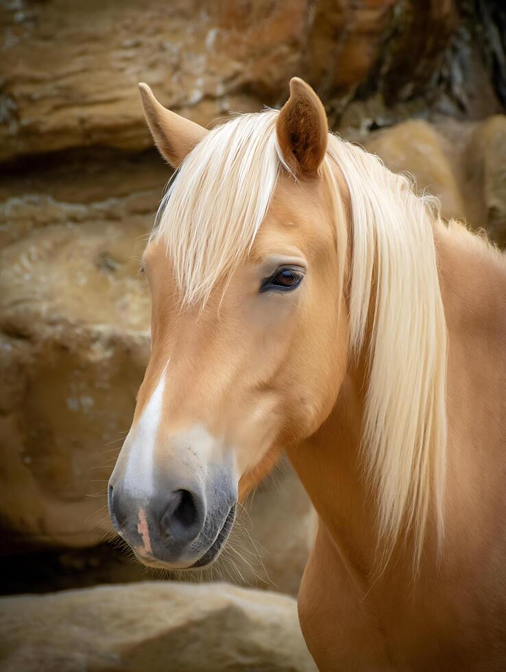 Portrait of a Palomino Horse Against a Rocky Background. A close up image showcasing the beauty and detail of a light colored horse. photo