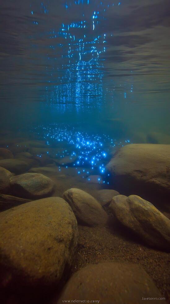 Underwater Scene of Bioluminescent Plankton Glowing in a Riverbed. photo