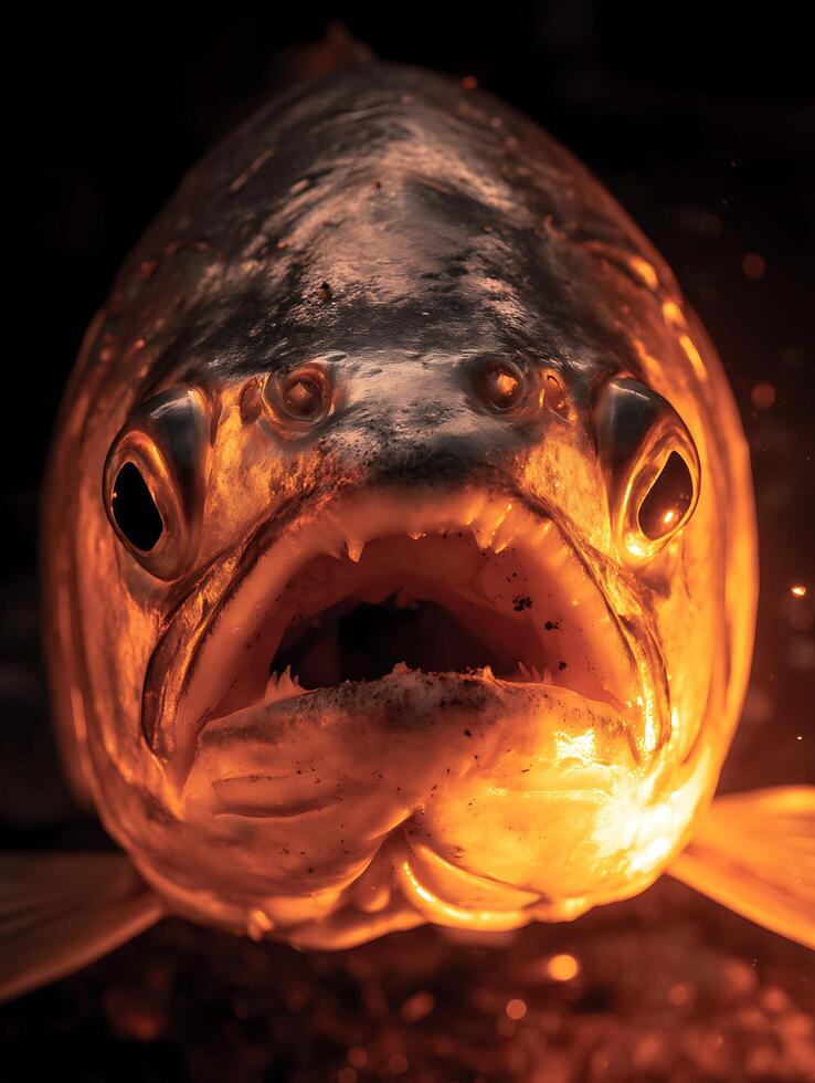 Close Up of a Fish's Head with Glowing Orange Light. A dramatic image of a fish, illuminated with warm tones. photo