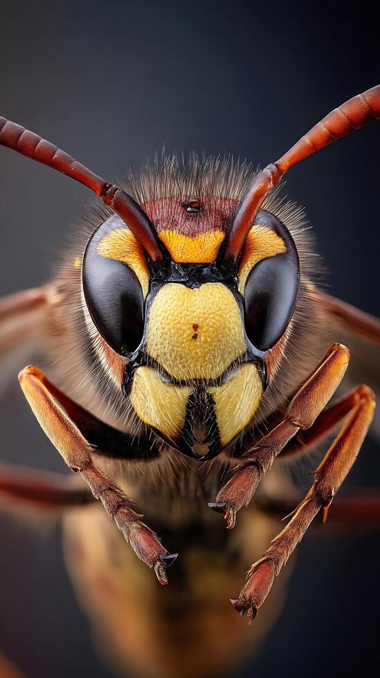 Extreme close up of a hornet's face, showcasing intricate details and textures. photo
