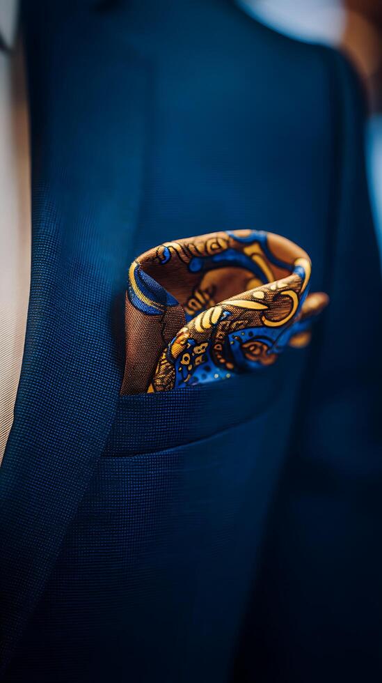 Close up of a patterned pocket square in a navy blue suit jacket. photo
