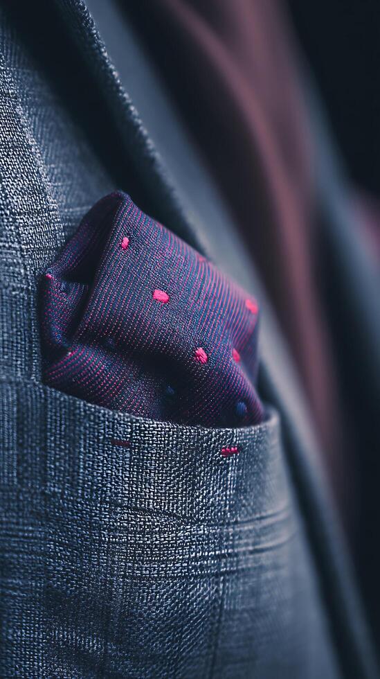 Close Up of a Stylish Pocket Square in a Gray Suit Jacket. A detailed image perfect for fashion, style, and menswear blogs. photo