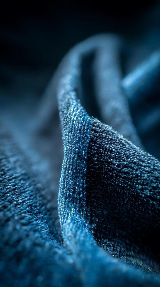 Abstract Close Up of Textured Blue Fabric, Luxurious Textile Detail. photo