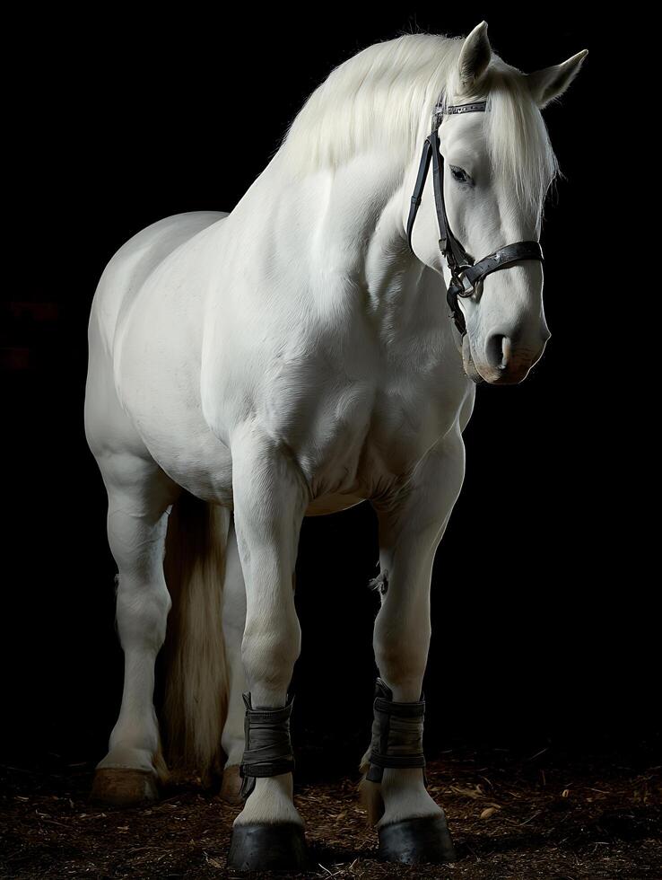 Majestic White Horse Portrait Against a Black Background. A stunning image of a white horse, elegantly adorned with a bridle and leg wraps. photo