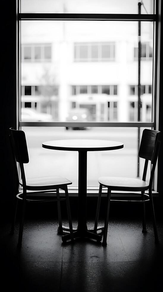 Black and White Photo of Empty Chairs and Table by Window.