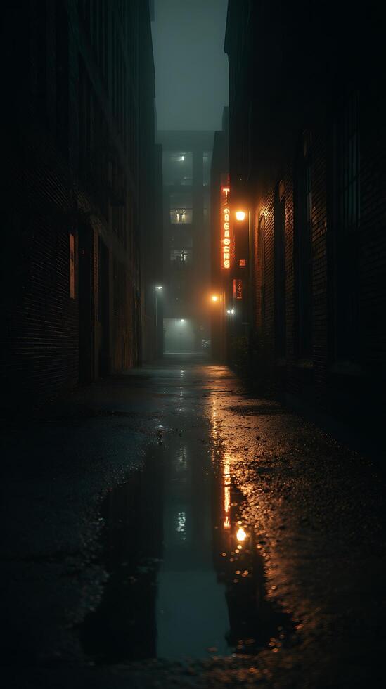 Dark City Alleyway at Night with Neon Sign Reflection in Puddle. photo