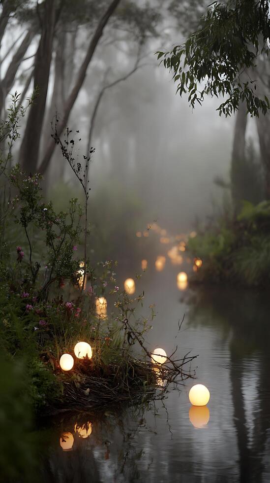 Enchanting Pathway of Lights in a Misty Forest at Night. A serene scene with glowing orbs illuminating a tranquil waterway. photo