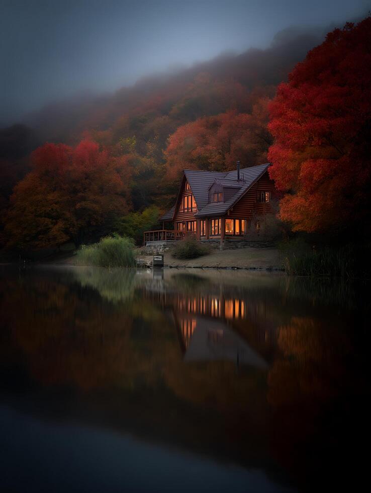 Illuminated Log Cabin Reflecting on Autumn Lake at Dusk. A stunning autumnal scene of a cozy cabin nestled amongst vibrant red and orange trees, its warm lights reflected on a tranquil lake. photo