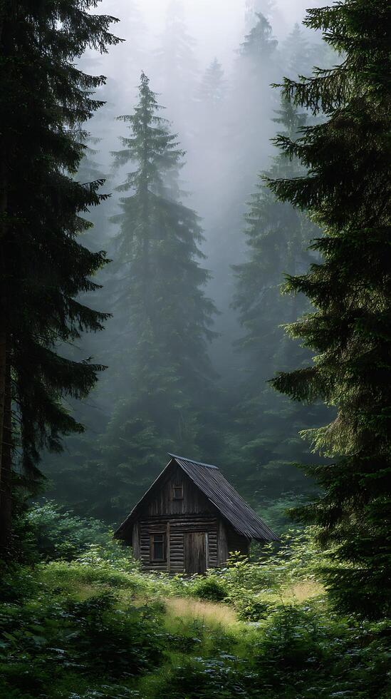 Secluded Wooden Cabin in a Misty Forest. A tranquil scene of a rustic cabin nestled amongst tall evergreen trees shrouded in fog. photo