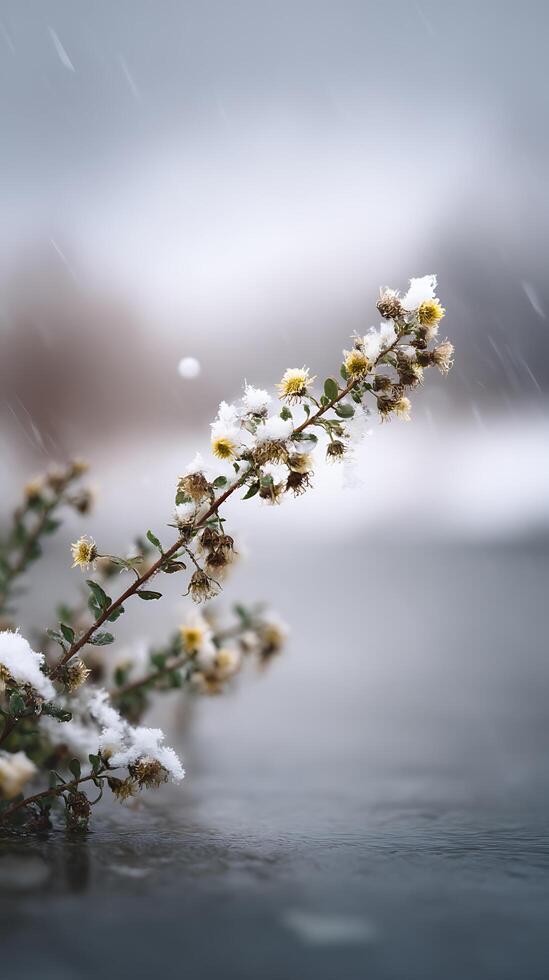 Snow Covered Flowers by the Water's Edge A Winter Scene. photo