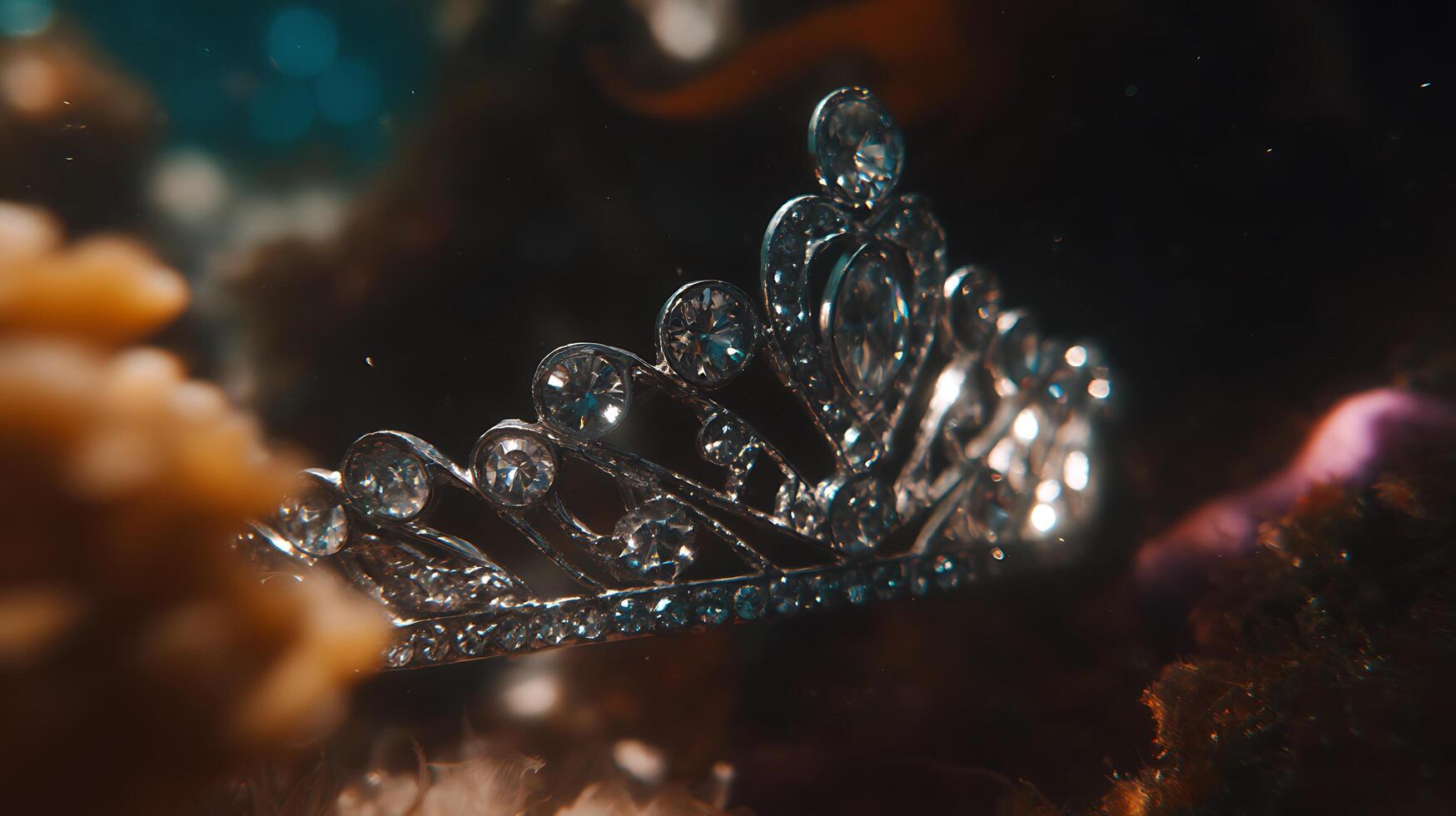 Close up of a Sparkling Tiara Submerged Underwater. A jeweled crown rests amidst blurry, dark coral. photo