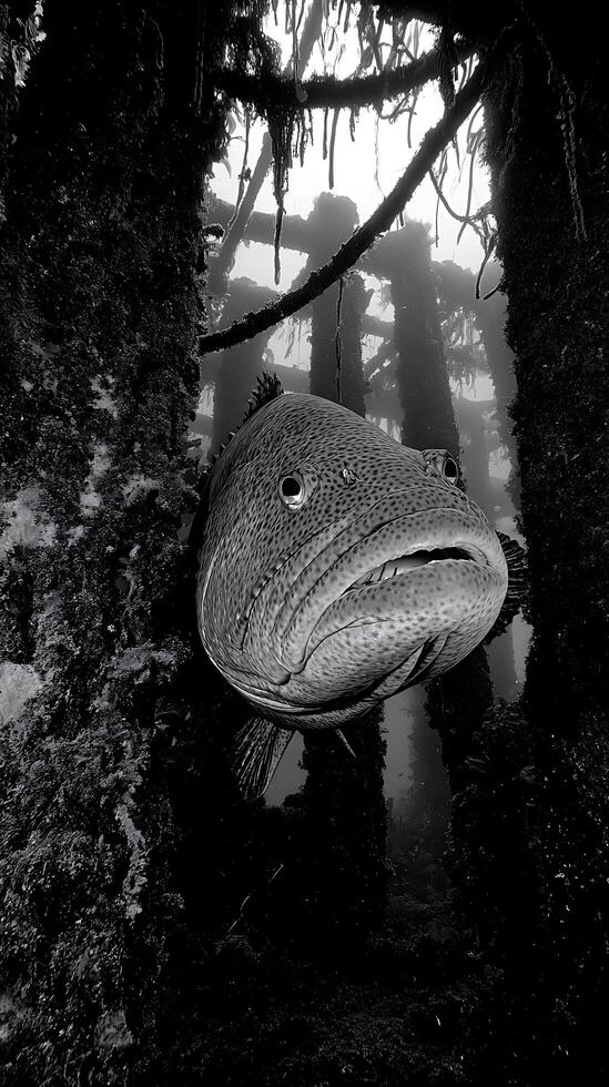 Monochrome Close Up of a Grouper Fish in a Sunken Structure. photo