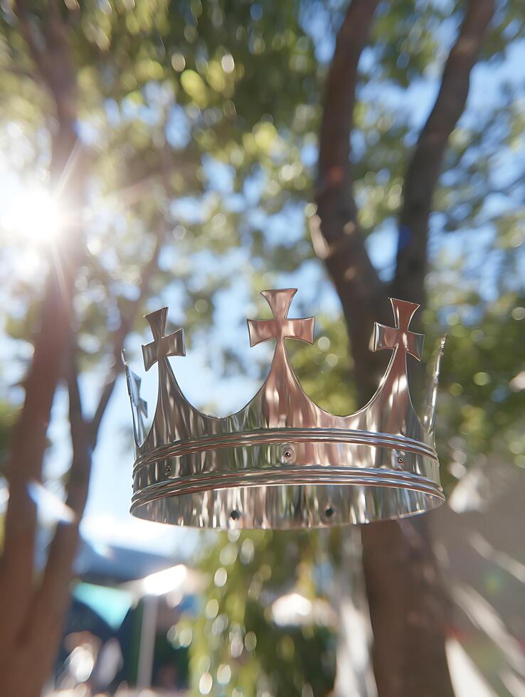 Silver Crown in Sunlight, Bokeh Background. A close up image of a shiny silver crown floating against a softly blurred background of trees and sunlight. photo