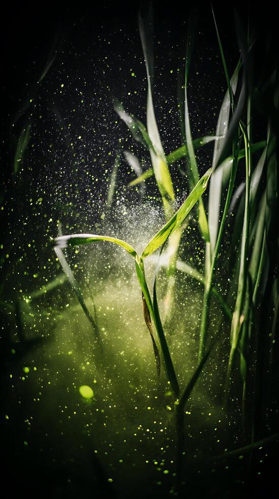 Illuminated Grass Blades with Water Droplets and Sparkling Dust. A close up image of nature's beauty. photo