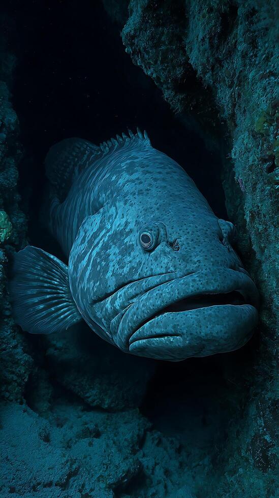 Close Up of a Grouper Fish in a Dark Ocean Cave. A dramatic underwater image showcasing the detailed texture and intense gaze of a large marine fish. photo