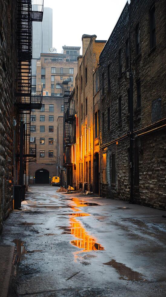 Urban Alleyway Reflection A Cityscape at Dusk. photo
