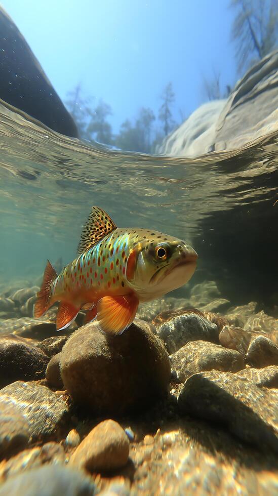 Underwater Close Up of a Colorful Trout in a Rocky River. photo