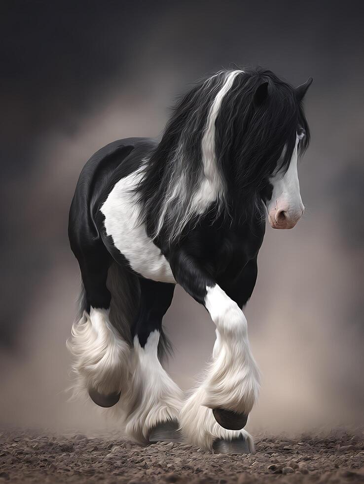 Majestic Gypsy Vanner Horse in Motion, Striking Black and White Coat. photo