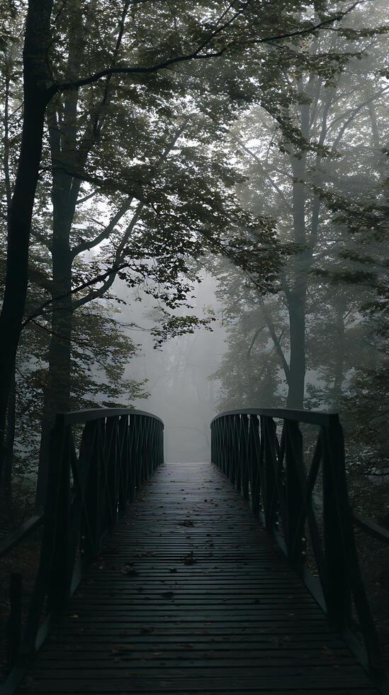 Mystical Foggy Forest Path A Wooden Bridge Leading into the Mist. photo