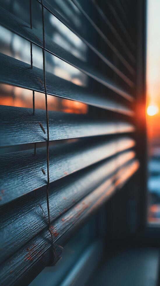 Sunset Light Filtering Through Wooden Window Blinds, Close Up Texture. photo