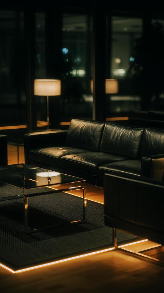 Modern Lounge Interior at Night Dark Leather Sofa and Ambient Lighting. photo