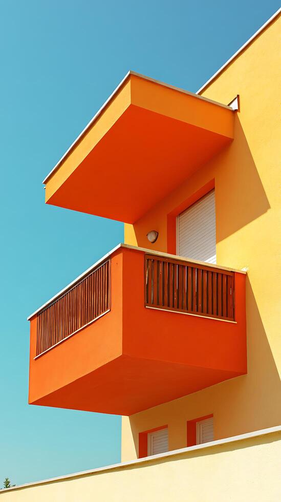 Modern Orange Balcony Design Against a Blue Sky Architectural Photography. photo