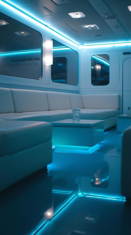 Modern Lounge Interior Design Futuristic Seating and Teal Lighting. photo