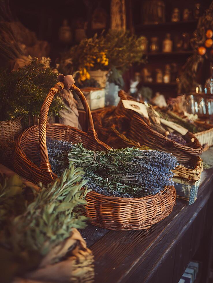 Dried Lavender and Herbs in Wicker Baskets on Wooden Counter. A rustic still life showcasing bundles of dried lavender and other herbs in charming wicker baskets. photo