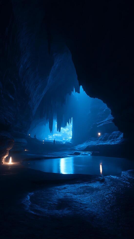 Mystical Blue Cave Interior with Underground Lake and Stalactites. A surreal and ethereal image of a cavern illuminated by soft light. photo