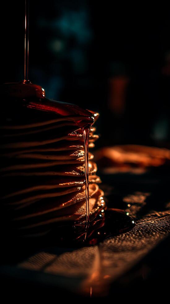 Stack of Pancakes with Syrup Drizzling Down. A mouthwatering close up image of a delicious breakfast treat. photo