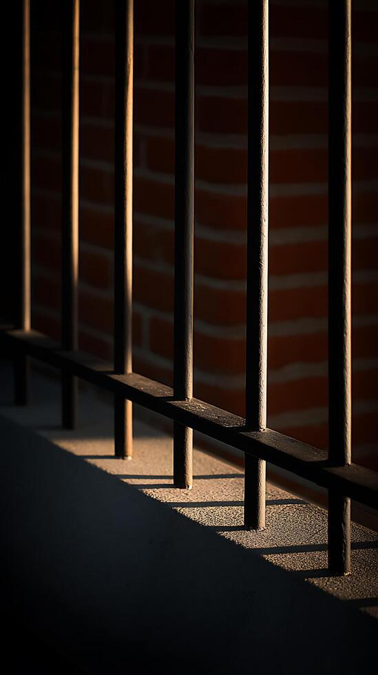 Metal Railing Against Brick Wall in Sunlight Architectural Detail. photo