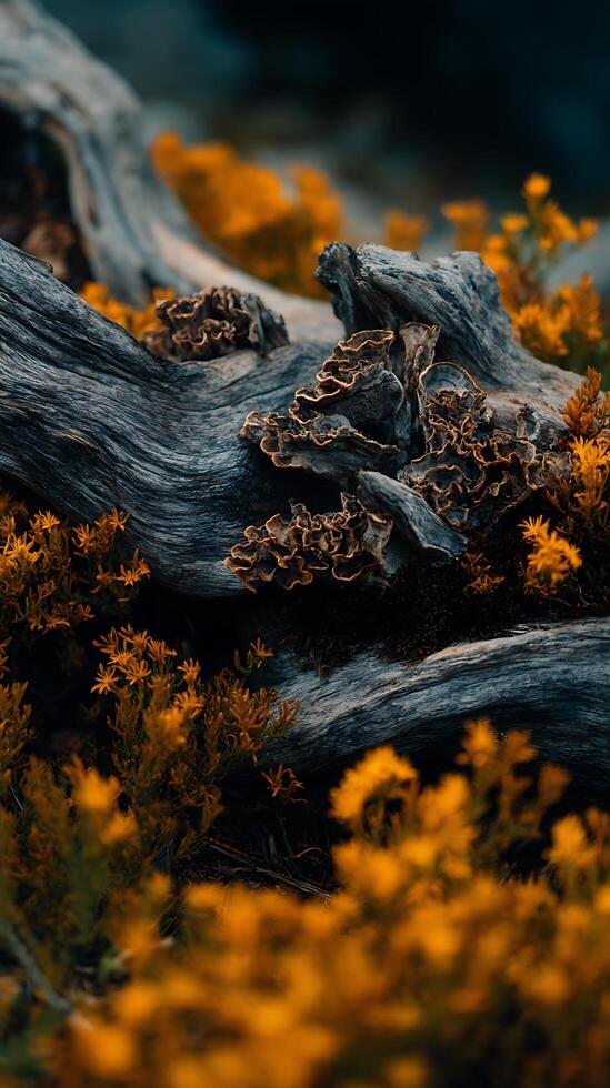 Close Up of Dried Wood with Fungi and Golden Flowers. A Detailed Nature Photography Image. photo
