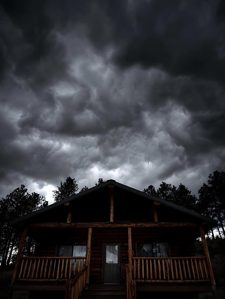 Rustic Log Cabin Under a Dramatic Stormy Sky. A picturesque image perfect for illustrating concepts of weather, nature, and solitude. photo
