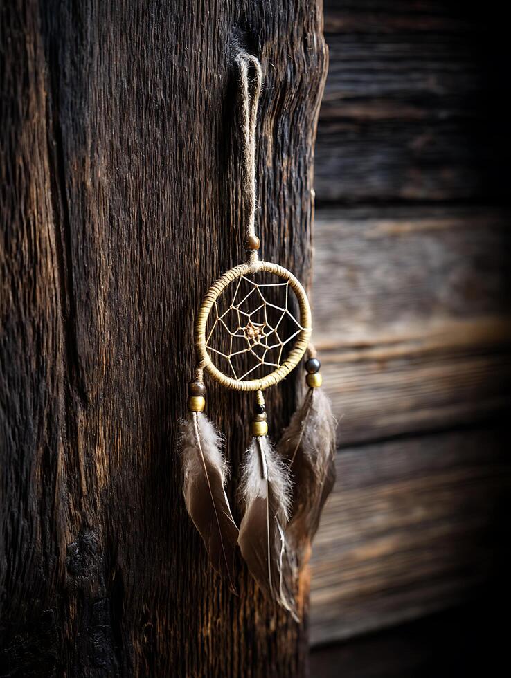Dreamcatcher Hanging on Rustic Wooden Background Close Up of Native American Craft. photo