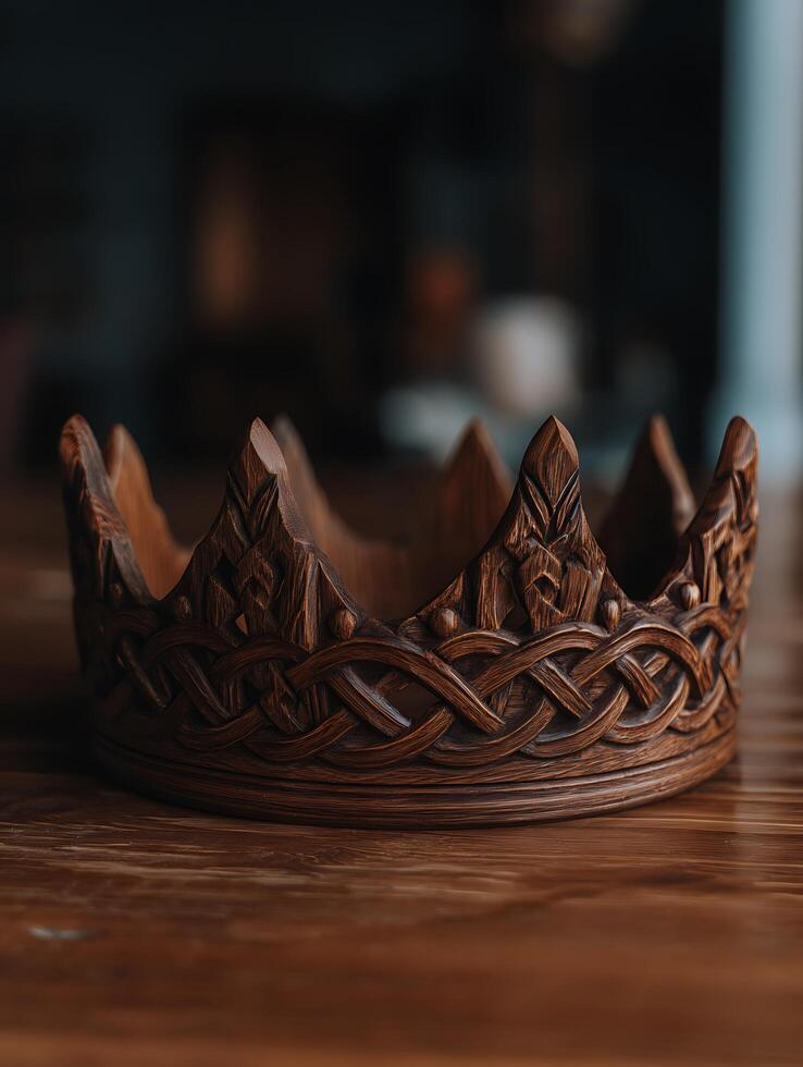 Intricate Carved Wooden Crown A Close Up of Craftsmanship. photo
