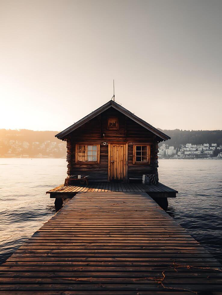 Wooden Cabin on a Lake at Sunset Tranquil Lakeside Retreat. photo