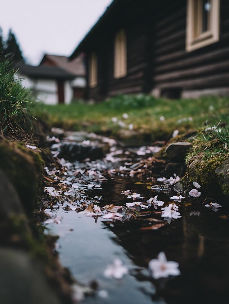 Tranquil Stream with Cherry Blossoms and Log Cabin in the Background. A serene scene of nature's beauty. photo