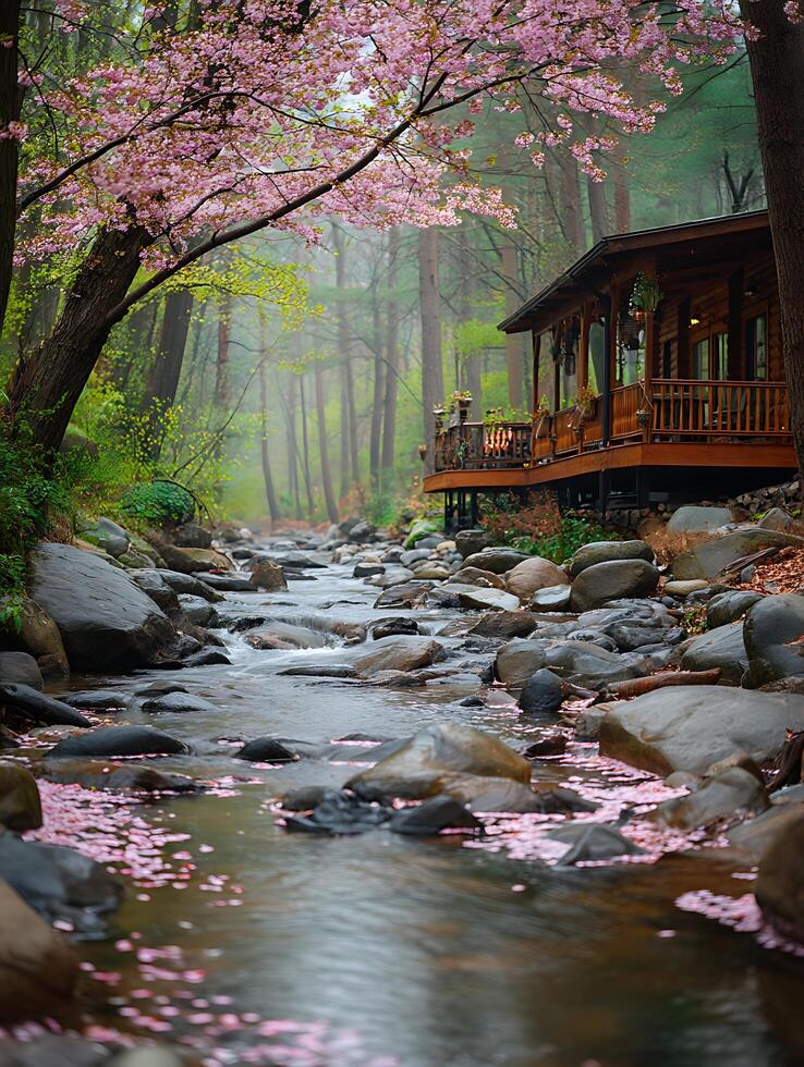 Serene Cabin by the Stream in a Misty Forest with Cherry Blossoms. photo