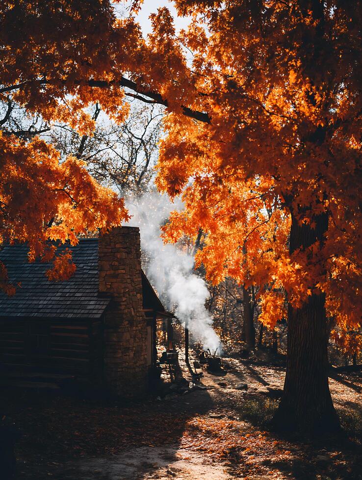 Autumn Cabin Scene Log Home with Smoky Chimney and Vibrant Fall Foliage. photo