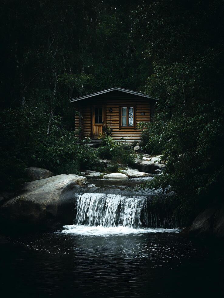 Secluded Log Cabin by a Waterfall in a Dark Forest. A tranquil scene of nature's beauty. photo